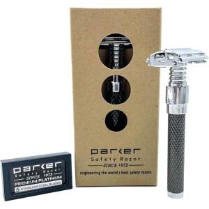 PARKER 92R 그래파이트 그레이, 롱 핸들 플래티넘 더블 버터플라이 엣지 면도기, 프리미엄 면도날 포함 5개의 고중량 오픈 안전