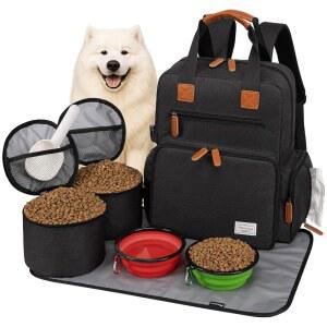 모도커 반려견 여행 가방, 항공사 승인 반려동물 액세서리 정리용 백팩, 사료 보관 용기 2개 포함 토트 주말 접이식 그릇 2개, 매트 1개, 블랙