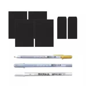 [문구] 블랙 편지지 세트+겔리롤 젤펜 3색 백색금색은색