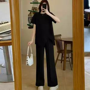 여성 잔골지 트임 반팔 트레이닝 세트 홈웨어 셋업 XQG7+6QVF