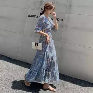 롱원피스 여름 원피스 플라워 러플 허리 밴딩 체형커버 바캉스 원피스 여성스러운원피스
