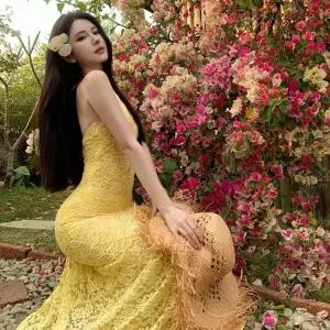 여사친 원피스 스커트 레이스 하객 봄여름 브이넥 비치 바캉스 롱스커트 배낭 힙 MF1