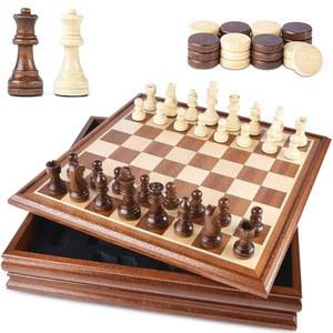 [미국배송] 성인용 목재 디럭스 15인치 보드 박스 클래식 2인치 대형 사이즈 체스 말 포함 - U201D 킹 높이 3개 추가 퀸 2개 세트를 위한 VAMSLOVE 및 체커스 게임 세트
