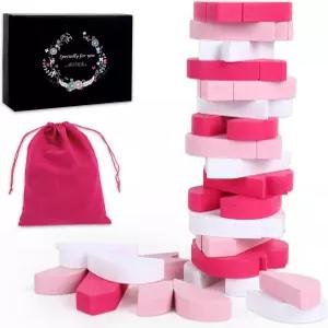 JarThenaAMCS 45개 발렌타인데이 나무 블록 타워 게임 핑크 화이트 하트 보관 가방 선물 상자 텀블링