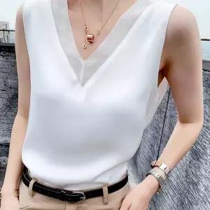 새틴 소재 나시 베이직 시스루 브이 넥 세련 데일리민소매블라우스 여성 패션 나시티 흰블라우스