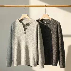 남자 겨울 간절기 루즈핏 빅사이즈 헨리넥 티셔츠봄라운드니트 남성 오버 단추