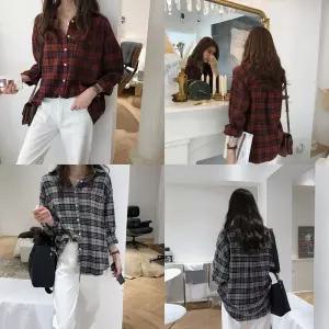 여성 베이직 체크무늬 셔츠 남방롱 난방 오버핏 여자 블라우스 오버