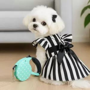BNP_3019 블랙 줄무늬 리본 하네스 원피스+자동리드세트(5M)여름강아지옷 귀여운 실내복 애견나시티 강아지