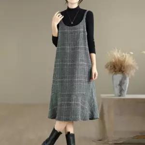 빈티지 체크 모직 레이어드 뷔스티에 치마 롱 원피스
