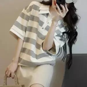 MFNC040103 - 스트라이프 더블 카라 반팔 셔츠여름 단가라 칼라 여성