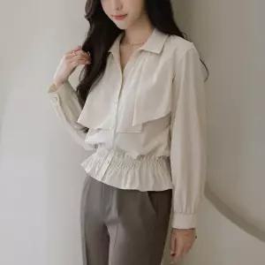 [제작] 카라 골드버튼 스모크 날개 블라우스_2color