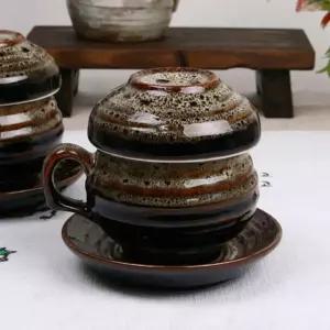 천목 호피무늬 손잡이 부부 다기세트 2인구성그릇 전통 고백자 찻잔 2인