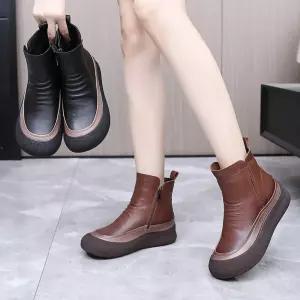 여성 신발 플랫워커 슈즈 리얼 가죽 앵클부츠 가을 뉴에닉 빈티지 수제 키높이워커 컬러 배색 첼시부츠 MF3