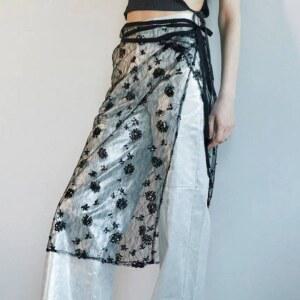 여성용 시스루 꽃 레이스 롱 에이프런 스커트, 빈티지 타이업 쉬어 힙 랩 커버 스카프 오버 스커트