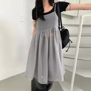 KMO5567여성 쉬폰 리본 레이어드 셔링 스트랩 시스루 롱드레스