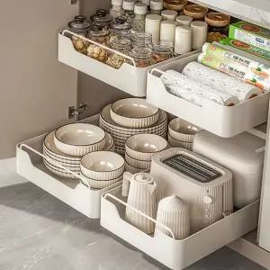 주방 슬라이딩 선반 다용도 싱크대 수납함 무타공 레일 선반 정리 접착식 정리함 주방용 칸막이 서랍식