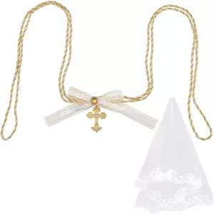 와돈 2PCS 웨딩 라소 로프와 신부 레이스 베일 라인스톤 크로스 펜던트 핸드패스팅 코드 메시 툴레