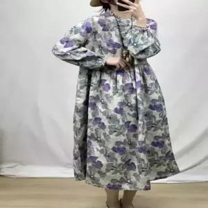 여자 원피스 플라워 하객 모시 프린트 긴팔 산뜻 차이나 슬림핏 롱스커트 ST1