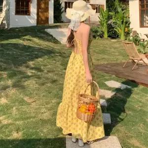 원피스 여친 플라워 하객 섬 옐로 프린트 오프숄더 해변 바캉스 프렌치 롱스커트 ST1