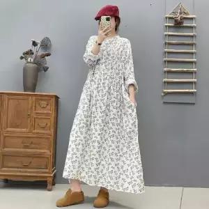 원피스 스커트 여성용 봄 긴팔 잔꽃 하객 플라워 쌍사 라운드 프린트 ST1