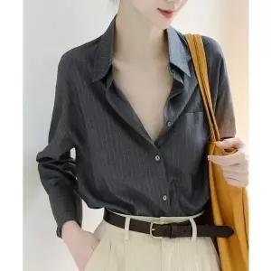 [셀러허브]G126966_클래식핏 스트라이프 그레이 긴팔셔츠 블라우스 (S42208854)