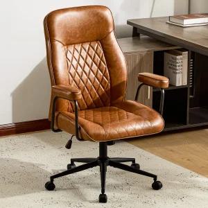 퍼니스타일 가죽 홈 오피스 책상 의자 편안한 허리 지지대가 있는 미드 센추리 모던 바퀴와 팔이 미드백