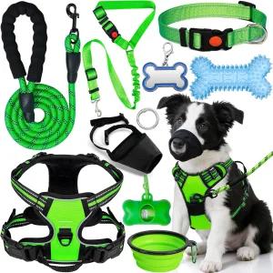 YXFDOYT 노 풀 개 하네스 조절 가능한 칼라 및 목줄 세트 - 홀터 접이식 그릇 배변 봉투 디스펜서 주둥이