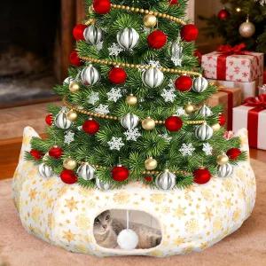 3-in-1 화이트 크리스마스 트리 고양이 터널 3피트 x 10인치 스커트 침대 도넛 동굴과 행잉 볼 실내 놀이를
