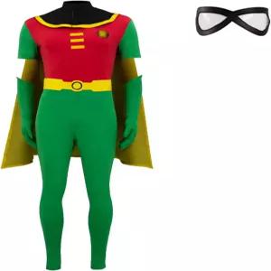 로빈 코스튬 남성용 디럭스 점프수트 망토와 장갑 벨트 마스크 할로윈 코스프레 바디수트 풀 세트