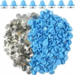 루이디 200피스/100세트 고무 핀 백 타이택 빈 균일 배지 백킹 홀더용 PVC 라펠 걸쇠 (블루 )