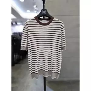 바쏘옴므 세이브존03 바쏘옴므 25 브라운 린넨 혼방 단가라 스트라이프 반팔 니트 WS