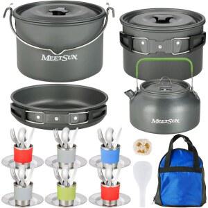 미트선 캠핑 조리기구 세트 - 37대의 PC, 캠핑 냄비와 프라이팬이 있는 대형 걸이 냄비, 6인용 캠프 요리 세트, 컵, 접시, 포크, 숟가락, 나이프가 있는 야외 피크닉용 메스 키트