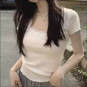 U넥 레이스 티셔츠 소녀반팔티 여름 레이스