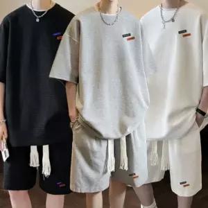 남성 코디 반소매 와플면 셋업 여름 반바지 트레이닝 세트 학교 사무실 F13WFHXJXB