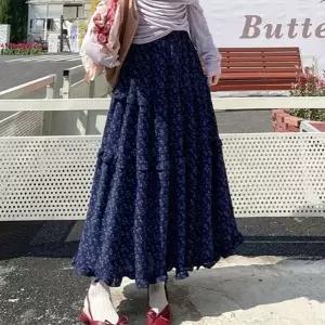 여성 잔꽃 프릴 쉬폰 밴딩 롱스커트 블루 1P 간절기 A라인 치마 체형커버