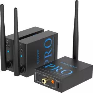 1Mii 3-in-1 2.4GHz 무선 오디오 송수신기 (1 TX+2 RX) 서브우퍼/액티브 스피커/파워 앰프용 20ms 초저지연