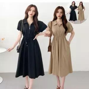 하객룩 여자 여름 반팔카라 반집업 레이스업 퍼프소매 원피스