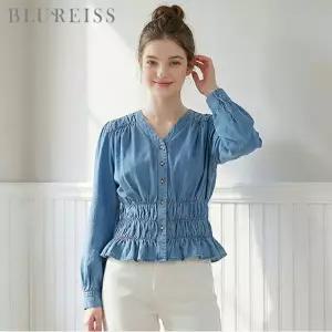 [블루레이스] V넥 데님 스모크 블라우스_B6S1BL5411