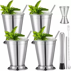 페로셰프 11개 민트 줄렙 컵 세트에는 12온스 스테인리스 스틸 빨대 머들러 믹싱 스푼과 칵테일 믹스 음료