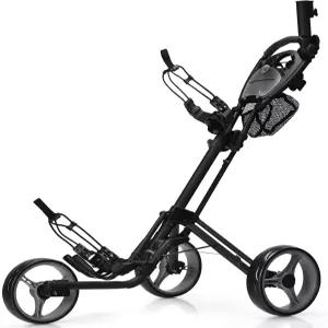 탱쿨라 골프 푸시 풀 카트 경량 알루미늄 접이식 3륜 트롤리 수납 가방 및 음료 홀더 풋 브레이크 조절