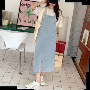 오버롤 심플한 데님 멜빵원피스 스커트