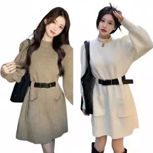 [하프클럽/]여성용 가을 겨울 하프넥 니트 미니 원피스