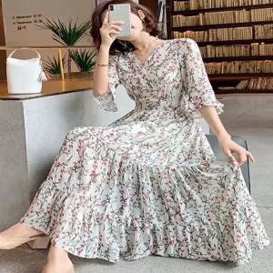 여성 편한 플라워 롱 여름 반팔 바캉스 쉬폰 원피스