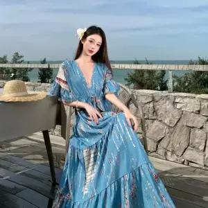 여자 원피스 러블리 플라워 브이넥 프린트 비치 해변 바캉스 보헤미안 롱스커트 다올1