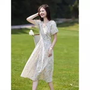 여사친 원피스 하계 플라워 브이넥 퍼프소매 슬림핏 하객 프린트 ADOR2