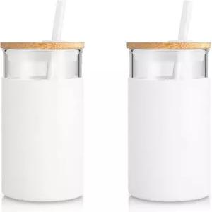 뚜껑과 빨대가 포함된 트론코 20온스 유리 텀블러 대나무 보호 실리콘 슬리브가 스 커피 컵 및 스무디