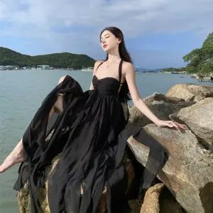 원피스 여성용 롱 시폰 바캉스룩 언발란스 홀터넥 이브닝 쉬폰원피스 쉬폰 드레스 ADOR1