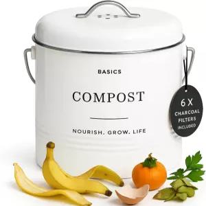 D Lifeful 주방 퇴비통 ？ 뚜껑이 있는 1.3갤런 조리대 농가 무취 실내 음식물 쓰레기통 (6개의 필터 포함)