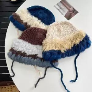겨울 뜨개 털 앙고라 벙거지 토끼퍼모자 끈달린 버킷햇