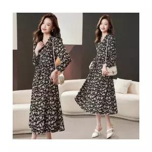 원피스 블랙 춘추 빈티지 롱스커트 프렌치 여자원피스 플라워 긴팔 ADOR3